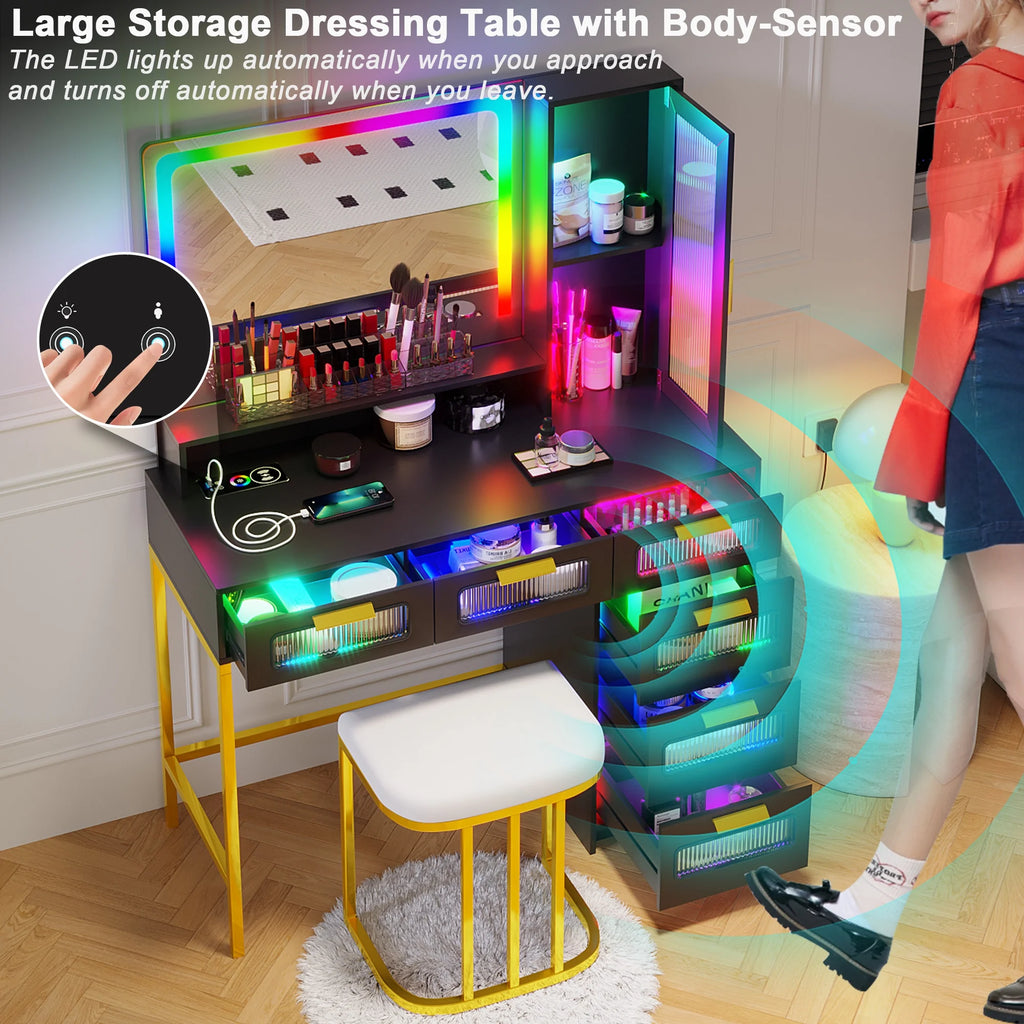 Black Vanity Set with 6 Drawers and Stool G1463