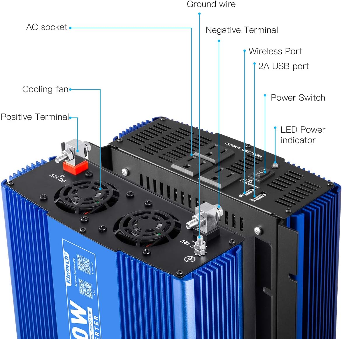 2000W Pure Sine Wave Power Inverter 12V DC to 110V AC with 3 AC Outlets & 1 USB Port L594154
