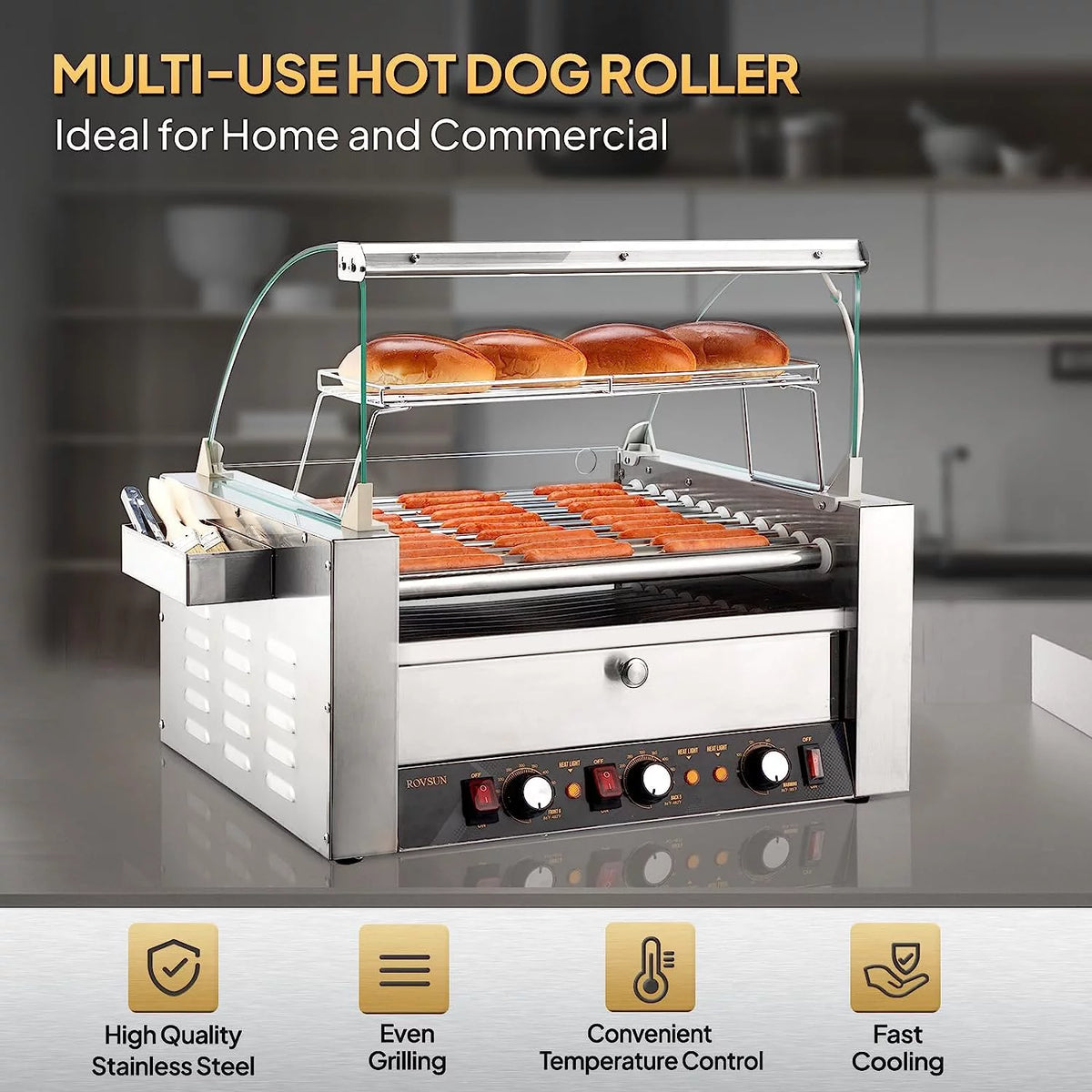 2000W 11 Rollers Hot Dog Roller Grill Cooker Machine with Bun Warmer W376862
