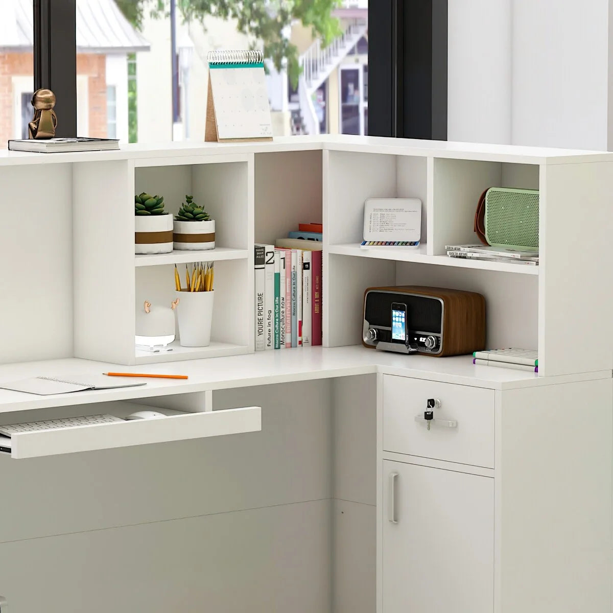 L-Shaped Reception Desk with Shelves and Drawers White W267