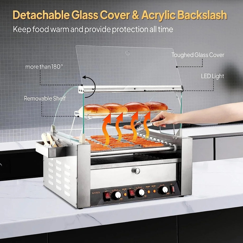 2000W 11 Rollers Hot Dog Roller Grill Cooker Machine with Bun Warmer W376862