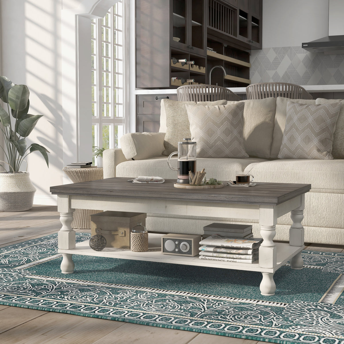 Rustic White Solid Wood 1-Shelf Coffee Table O9349