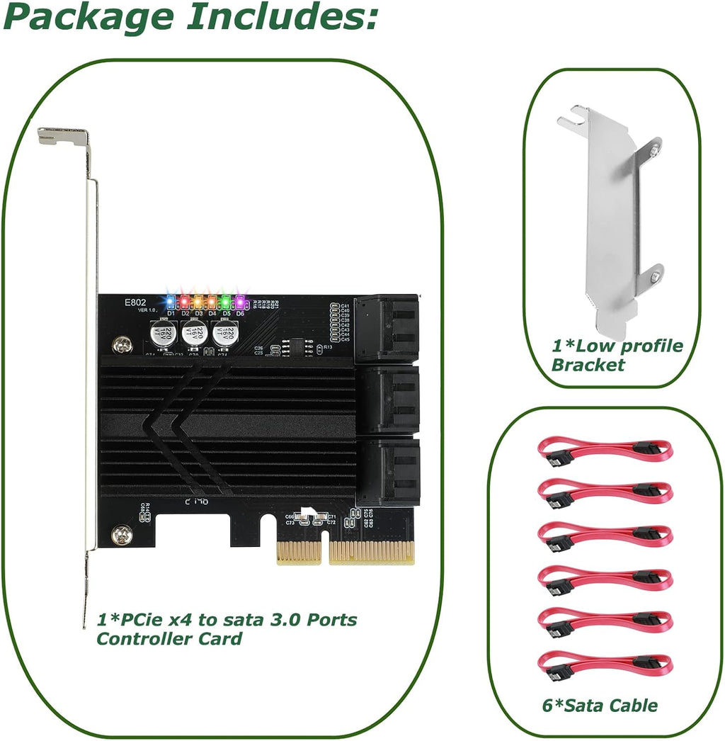 PCIe X4 SATA Card 6 Ports, Non Raid, SATA III Controller Expansion Card 6 Gbps, with 6 SATA Cables+Thin Bracket Pack of 2 L564
