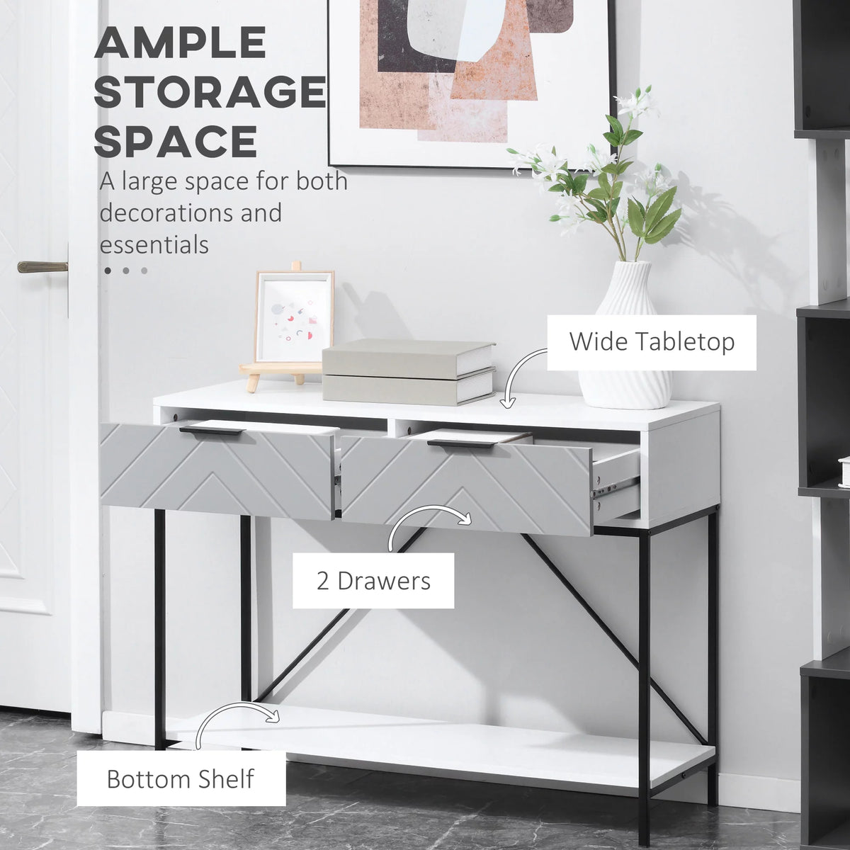White Console Table with 2 Drawers and Open Shelf H66481
