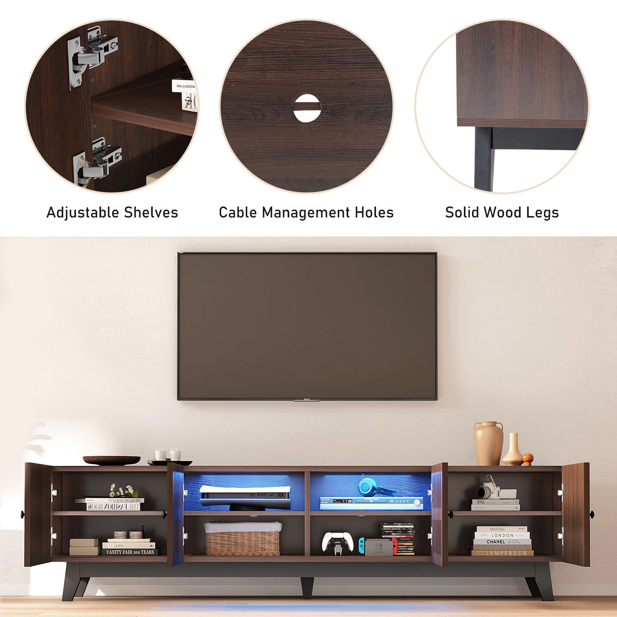 Brown 66 in TV Stand with Storage and LED Light I2930