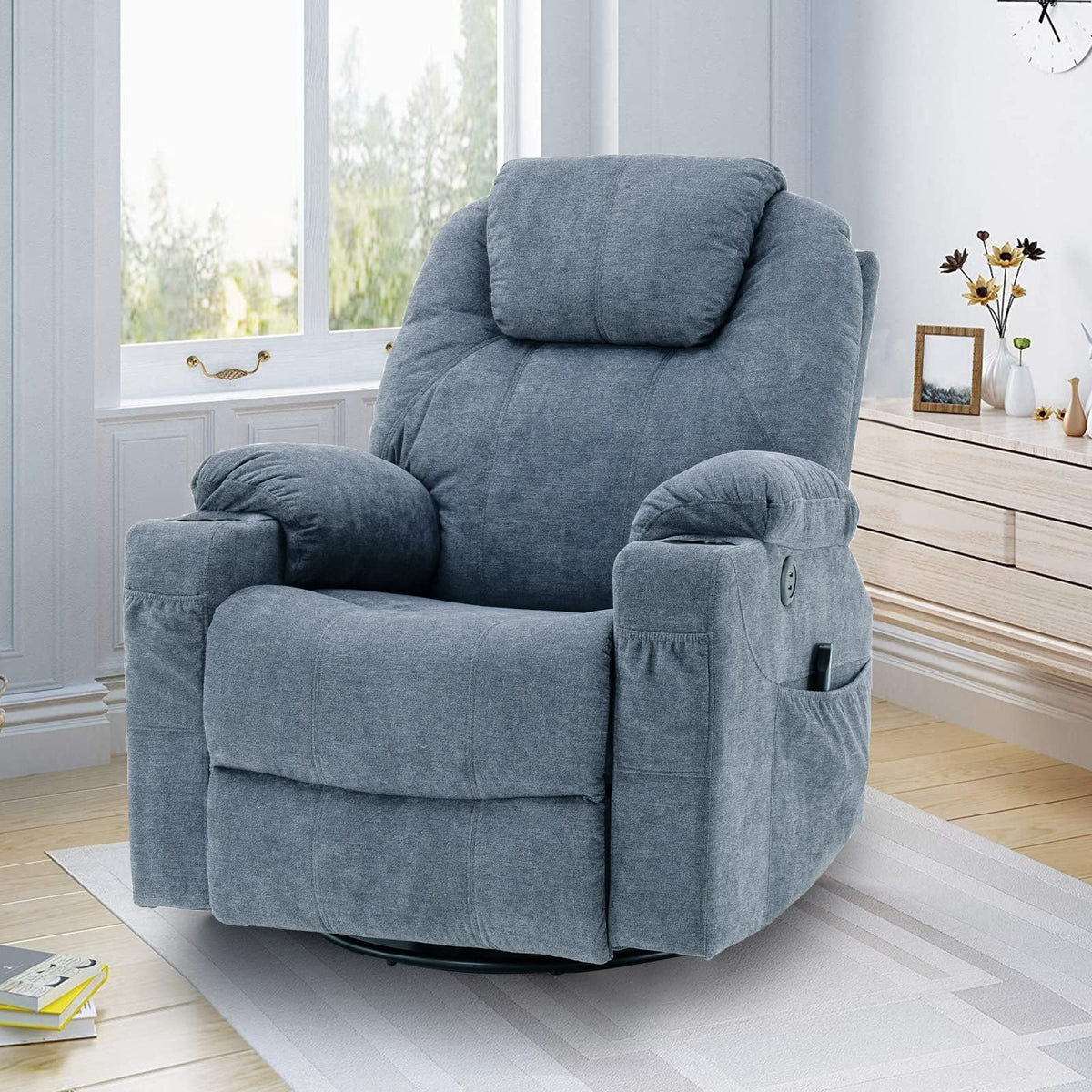 Gray-Blue Swivel Rocker Recliner Chair with Heated Massage U1353