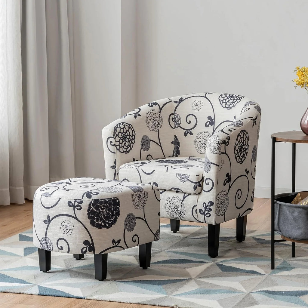 Accent Chair with Ottoman Set Upholstered Barrel Chair with Footrest V7371