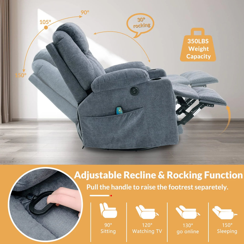 Gray-Blue Swivel Rocker Recliner Chair with Heated Massage U1353