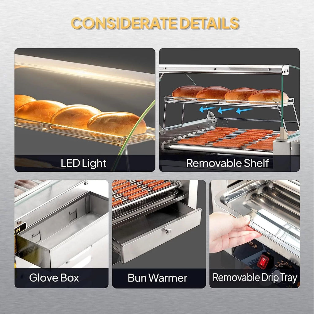 2000W 11 Rollers Hot Dog Roller Grill Cooker Machine with Bun Warmer W376862