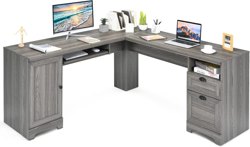 Brown L-Shaped Corner Computer Desk with Drawers and Storage Cabinet N36035