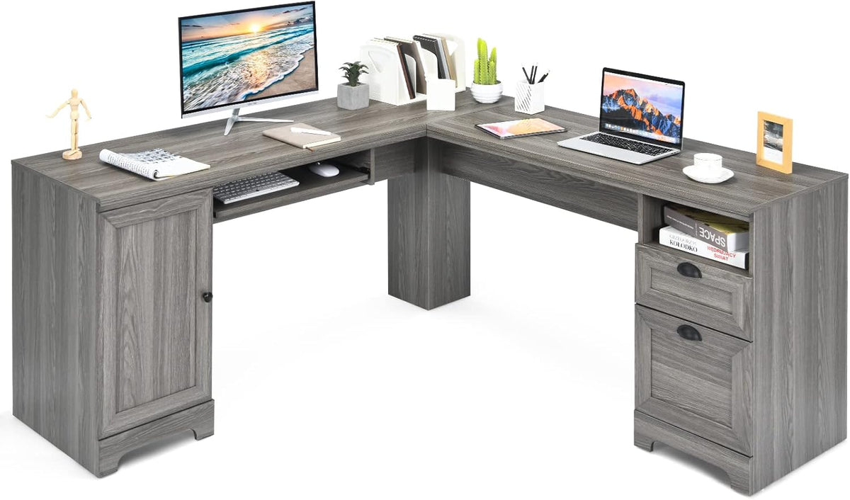 Brown L-Shaped Corner Computer Desk with Drawers and Storage Cabinet N36035