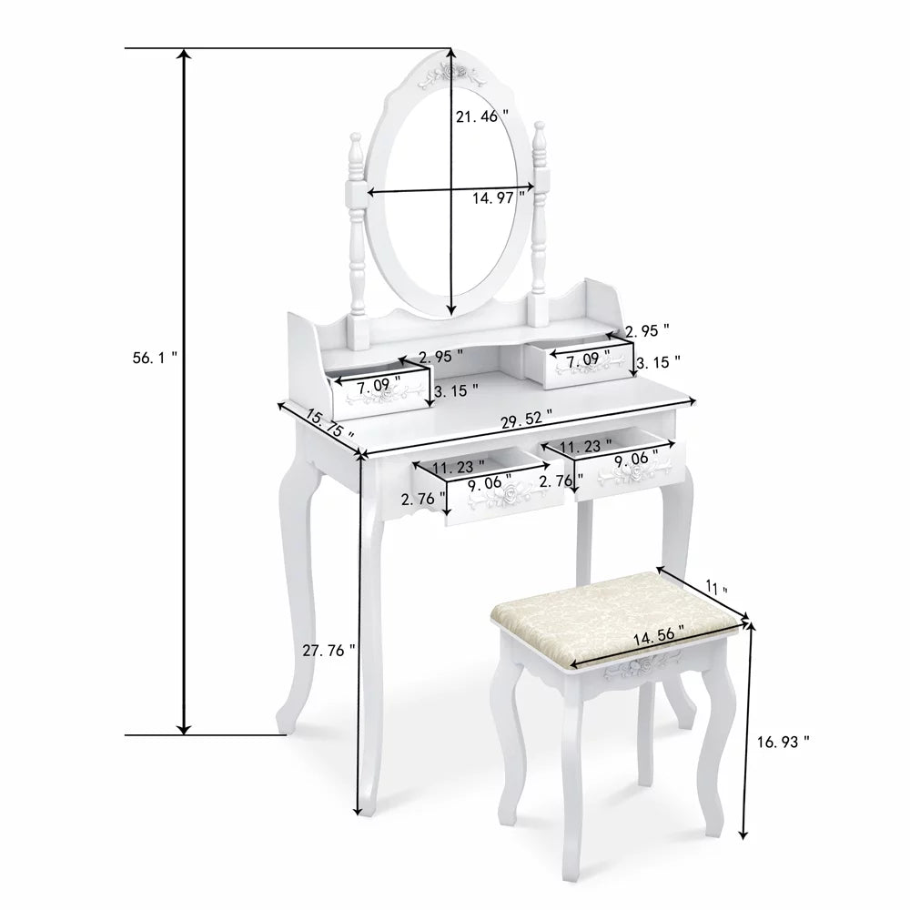 White 4 Drawer Vanity Table with Removable Mirror M34096