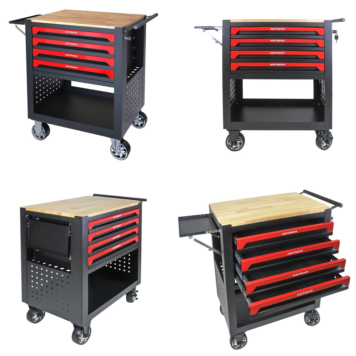 4-Tier Rolling Tool Cart with Cabinet and Wooden Top L151