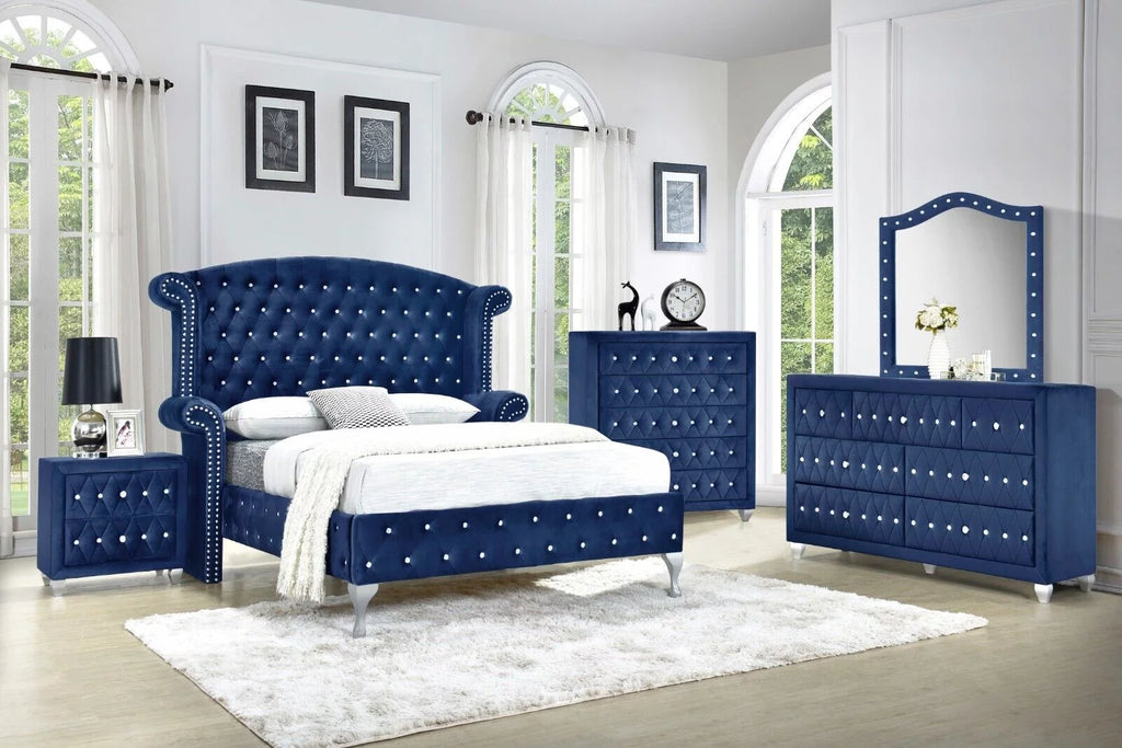 Blue Velvet 6Pc King Size Bedroom Furniture Set L485