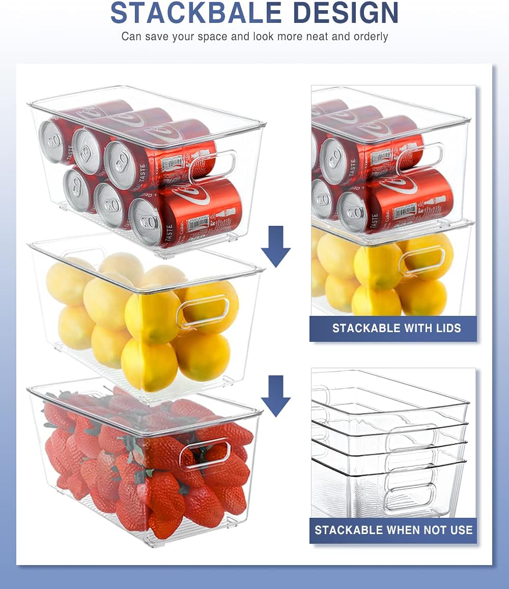 8 Pack Large Clear Fridge Organizer Bins with Lids and Handles Y161516