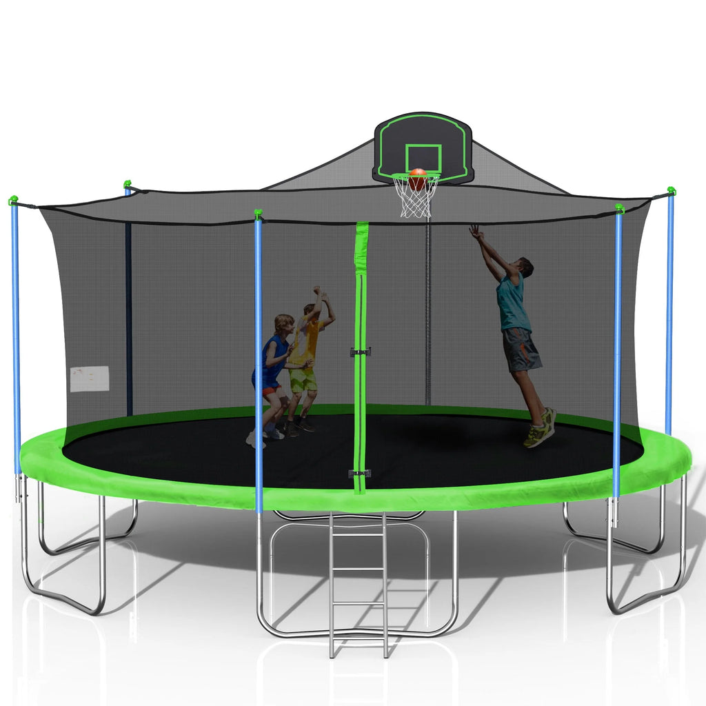16 FT Trampoline with Basketball Hoop, Enclosure, Waterproof Mat and Ladder N740