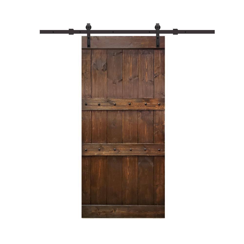 Brown Stained Solid Pine Wood Interior Sliding Barn Door with Hardware Kit P34469