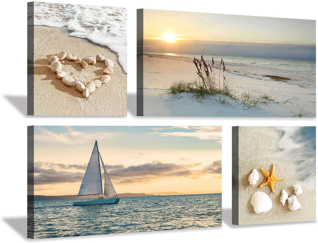 Sunset Canvas Art Seascape Painting with Sailboat Wall Art, 32'' x 16'' x 2 Panels + 16'' x 16'' x 2 Panels Z6912