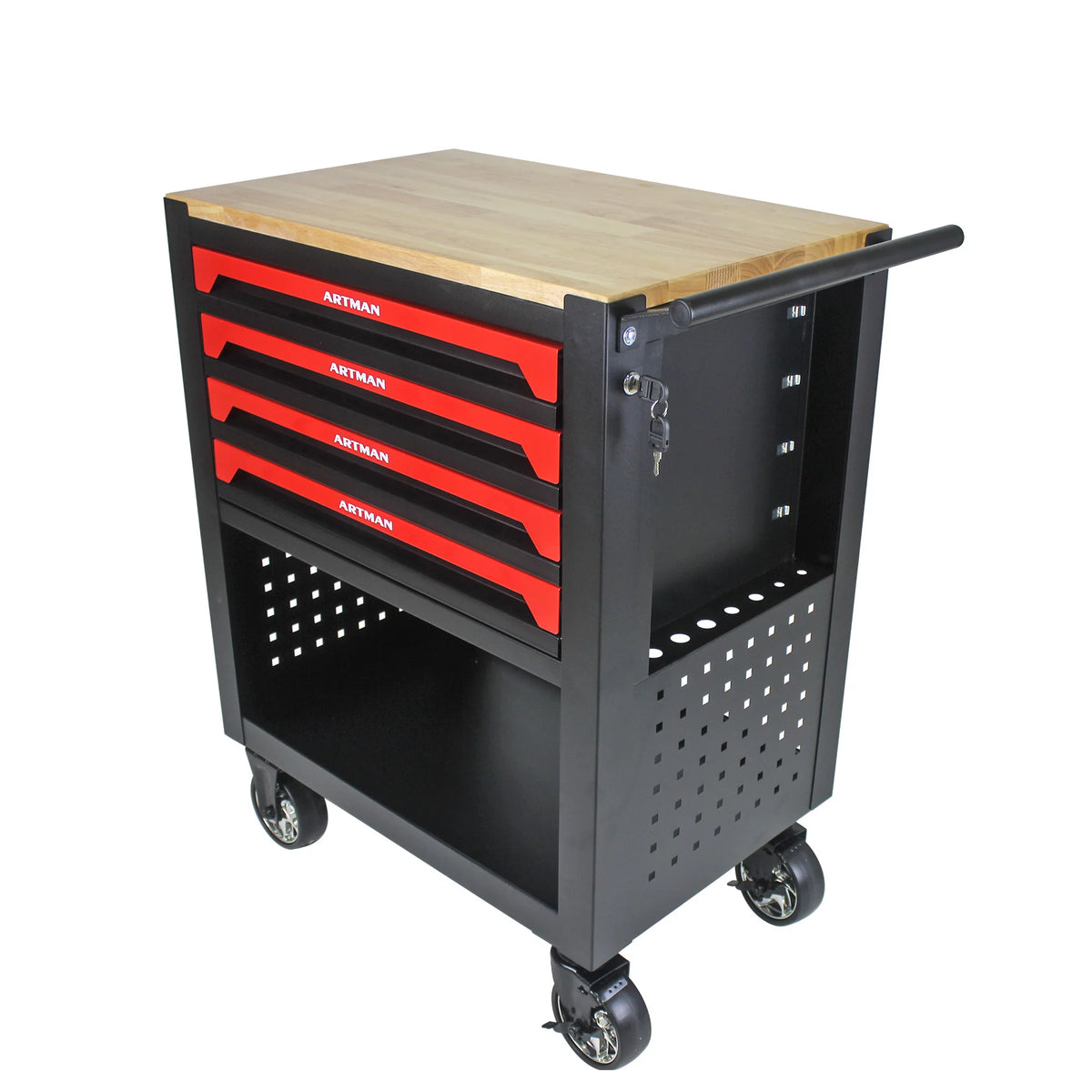 4-Tier Rolling Tool Cart with Cabinet and Wooden Top L151