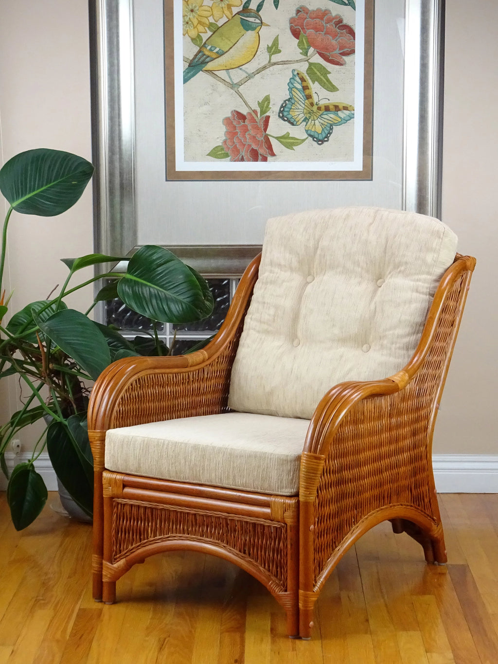 Natural Rattan Wicker Armchair with Cream Cushions J722880